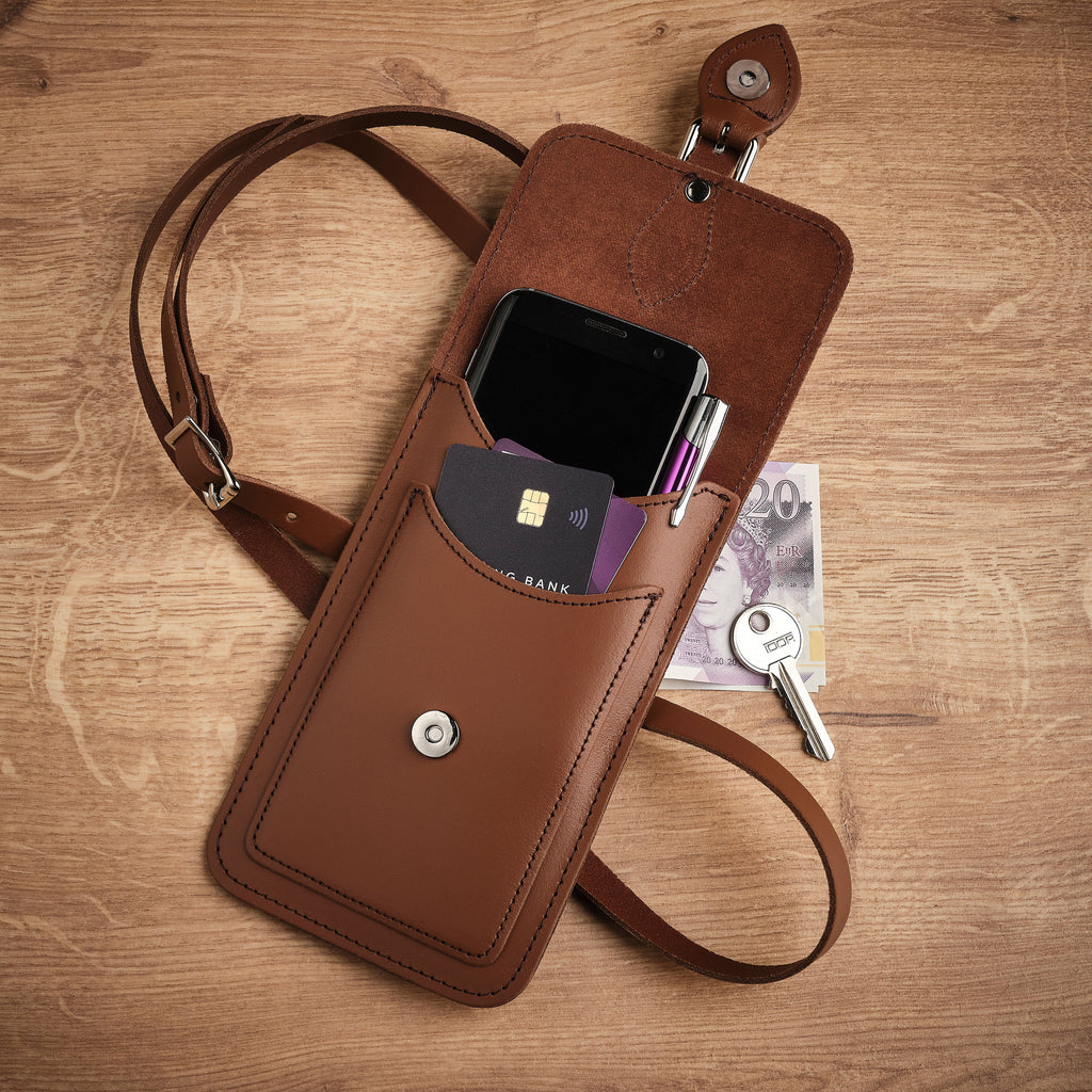 Handmade Leather Mobile Phone Pouch in Chestnut