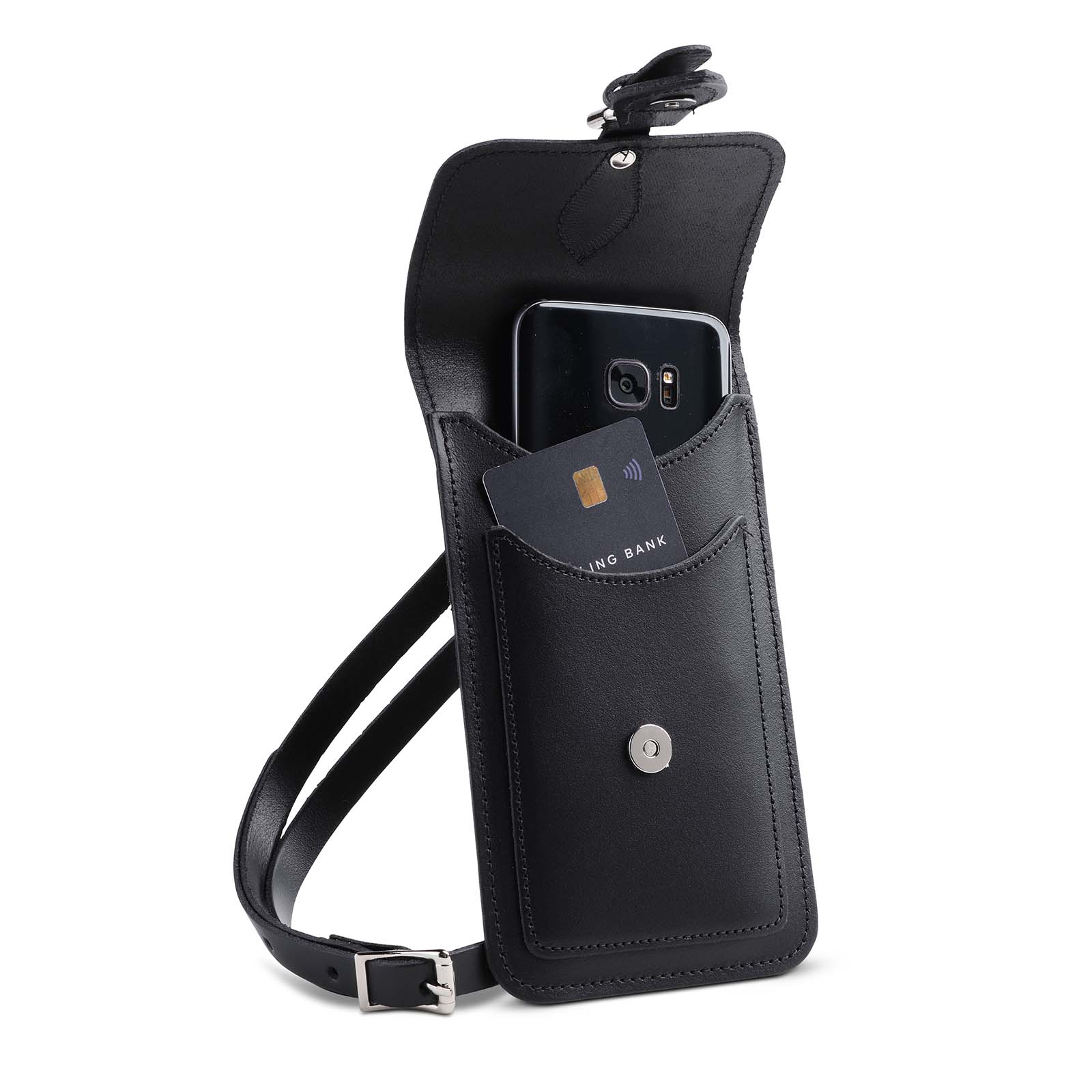 Handmade Leather Mobile Phone Pouch in Black