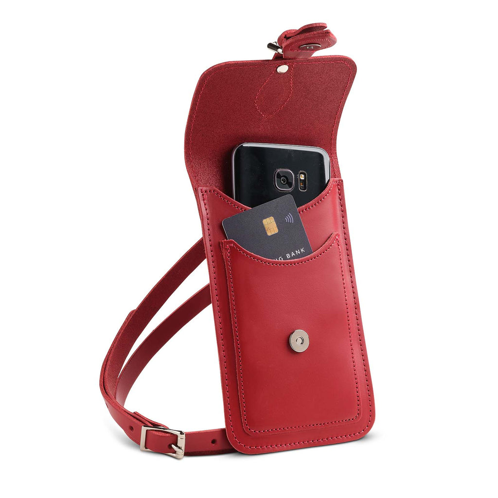 Handmade Leather Mobile Phone Pouch in Red