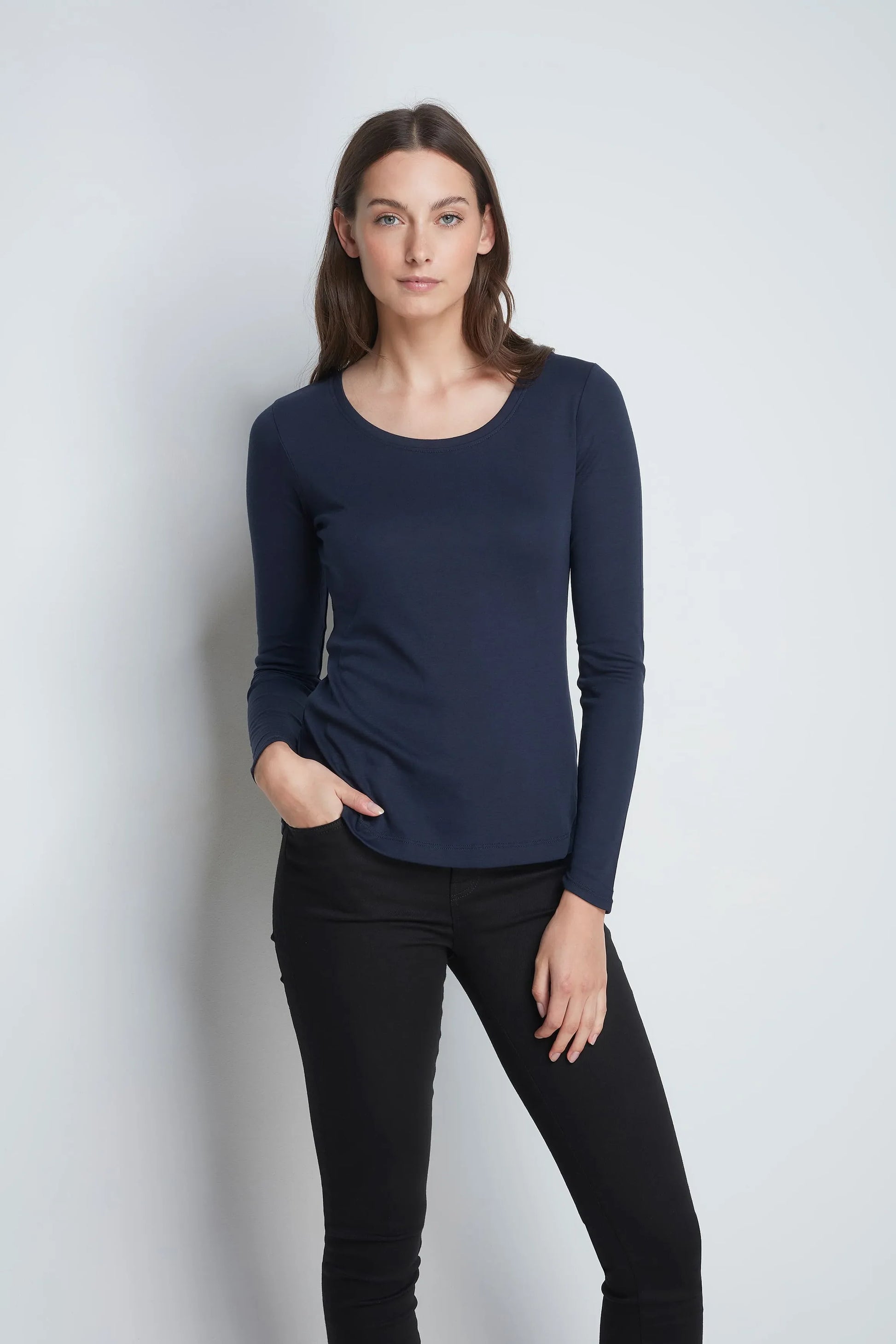 Long Sleeve Scoop Neck Cotton Modal Blend T-shirt