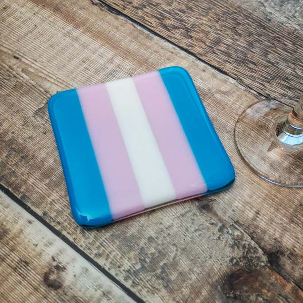 Transgender Flag Coaster 10cm Handmade Fused Glass