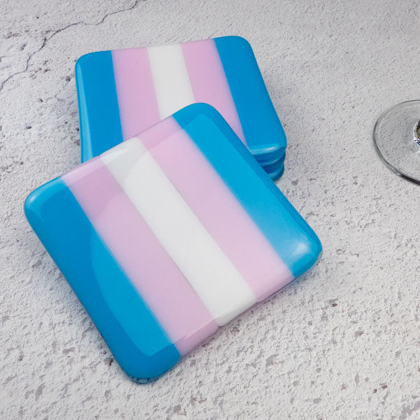 Transgender Flag Coaster 10cm Handmade Fused Glass