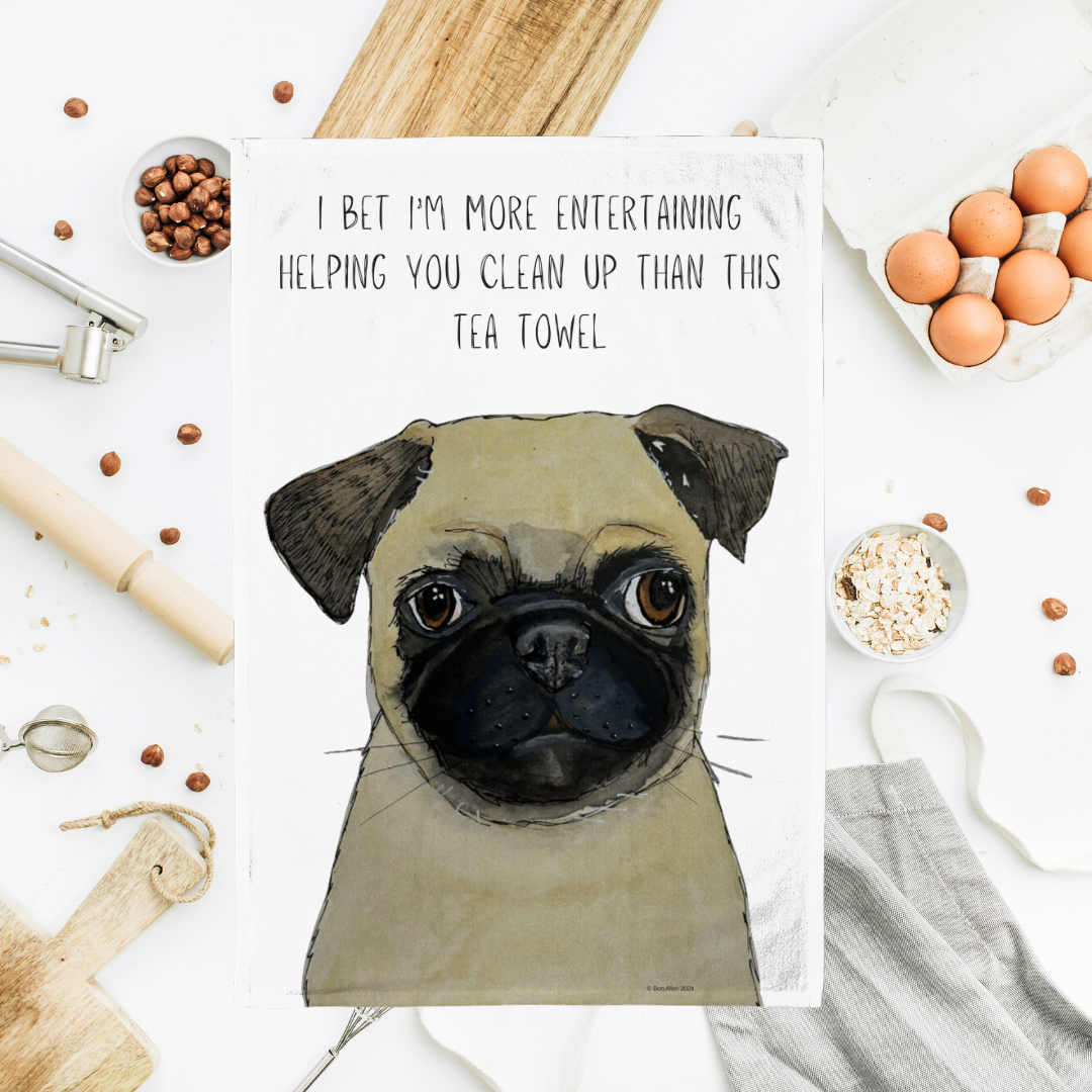 Pug Power Tea Towel in Teal