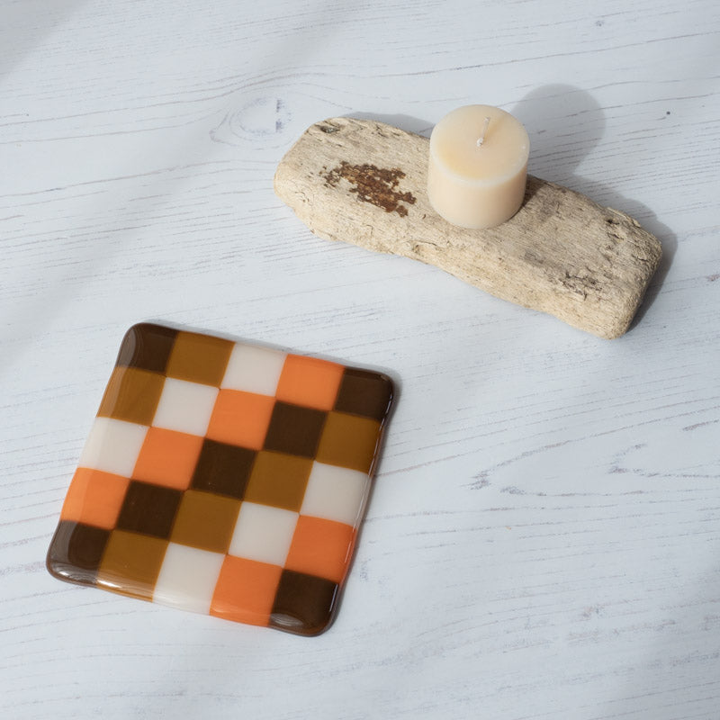 10cm Chequered Brown and Orange Fused Glass Coaster
