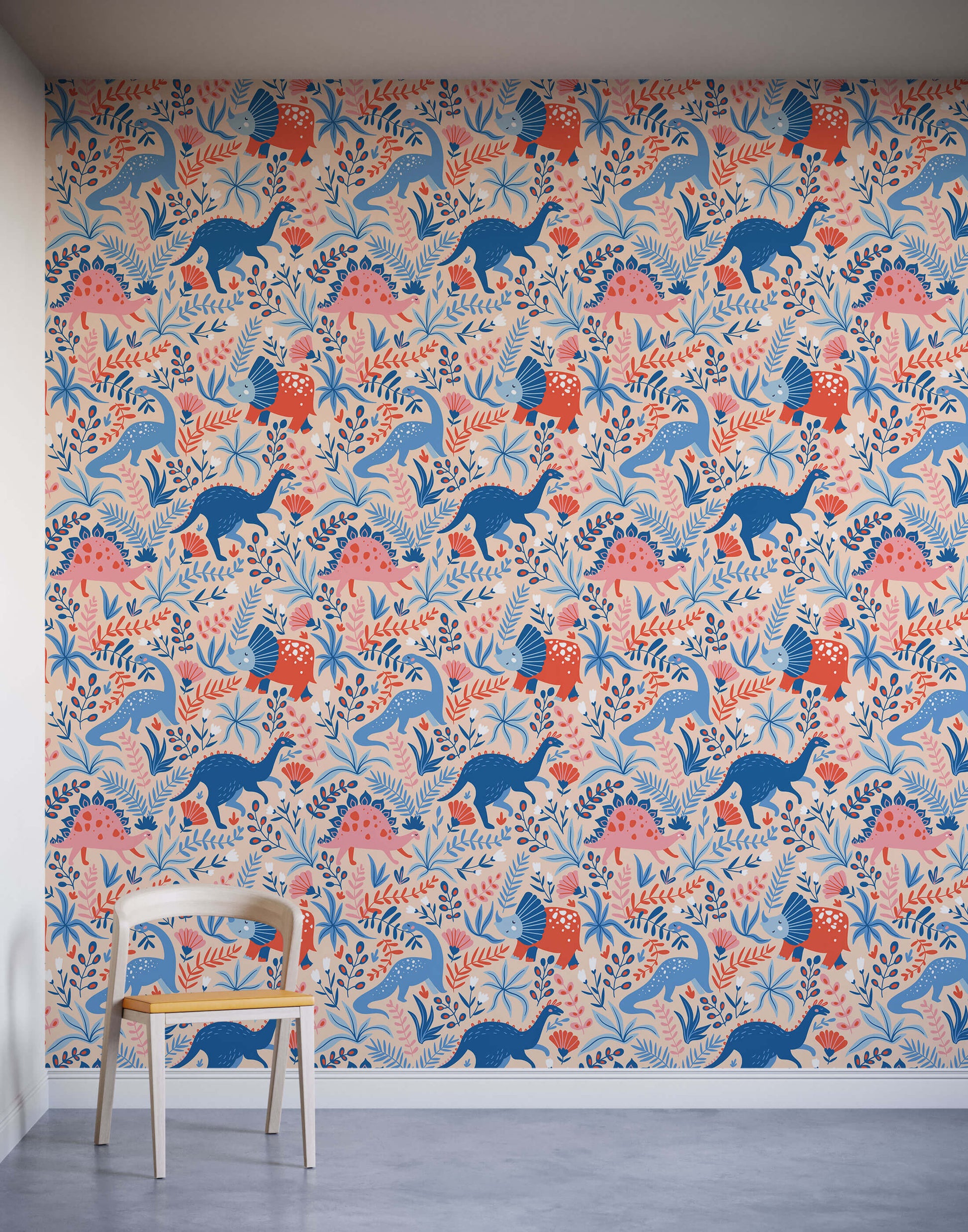 Roar Dinosaur Wallpaper with Botanicals