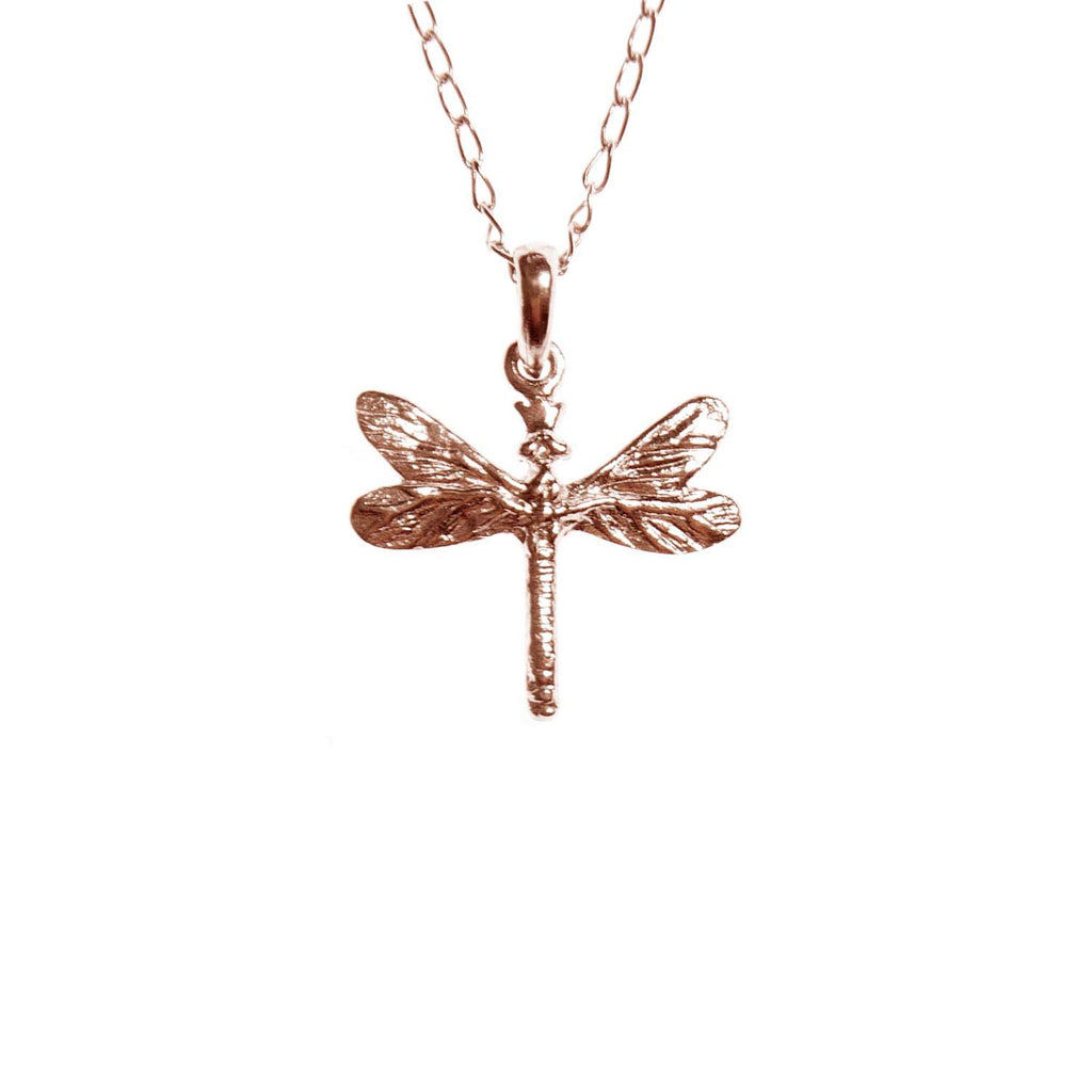 softly lit rose gold dragonfly pendant on a delicate chain, a comforting and elegant gift for her