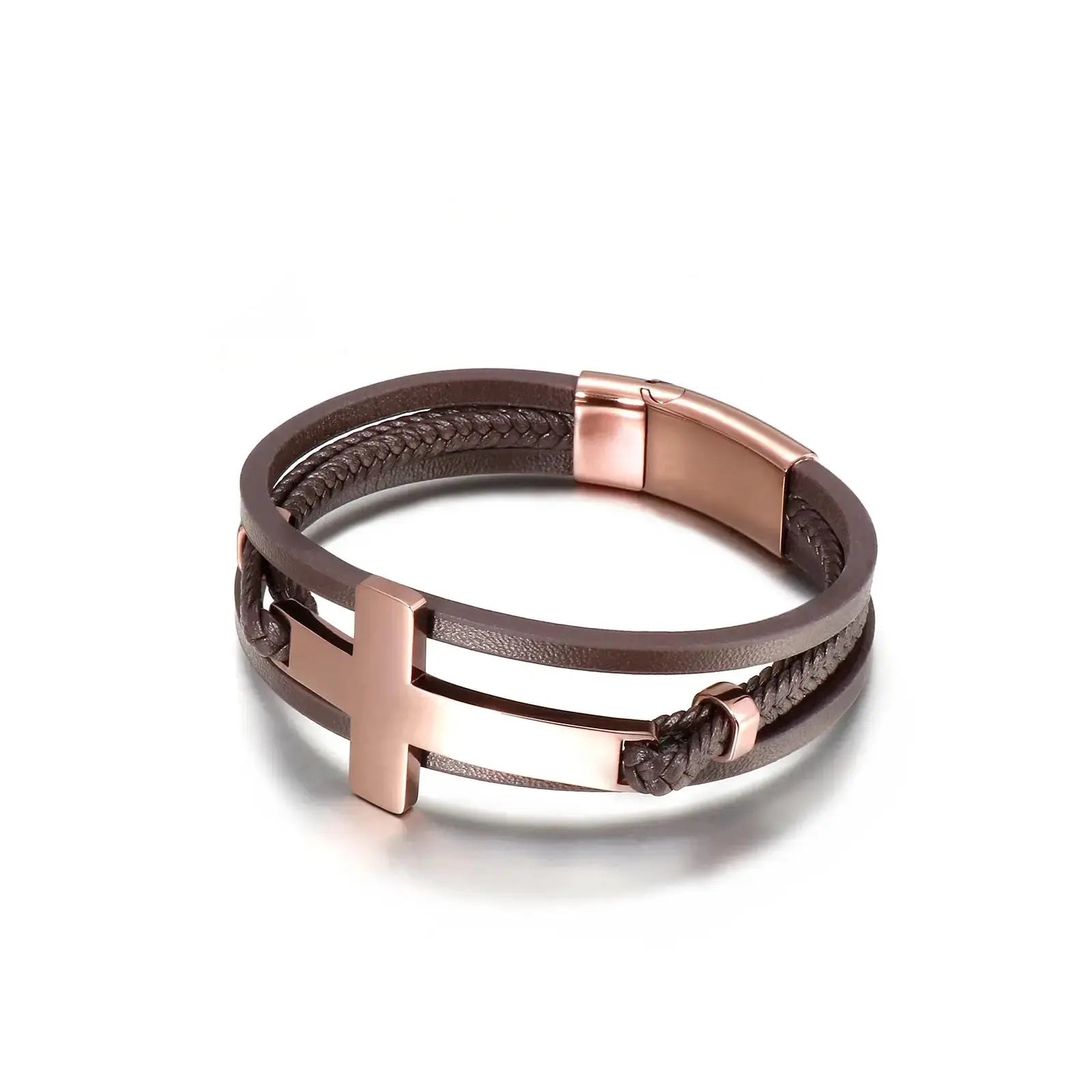 Brown and Rose Gold Multi Layer Cross Leather Bracelet for Men