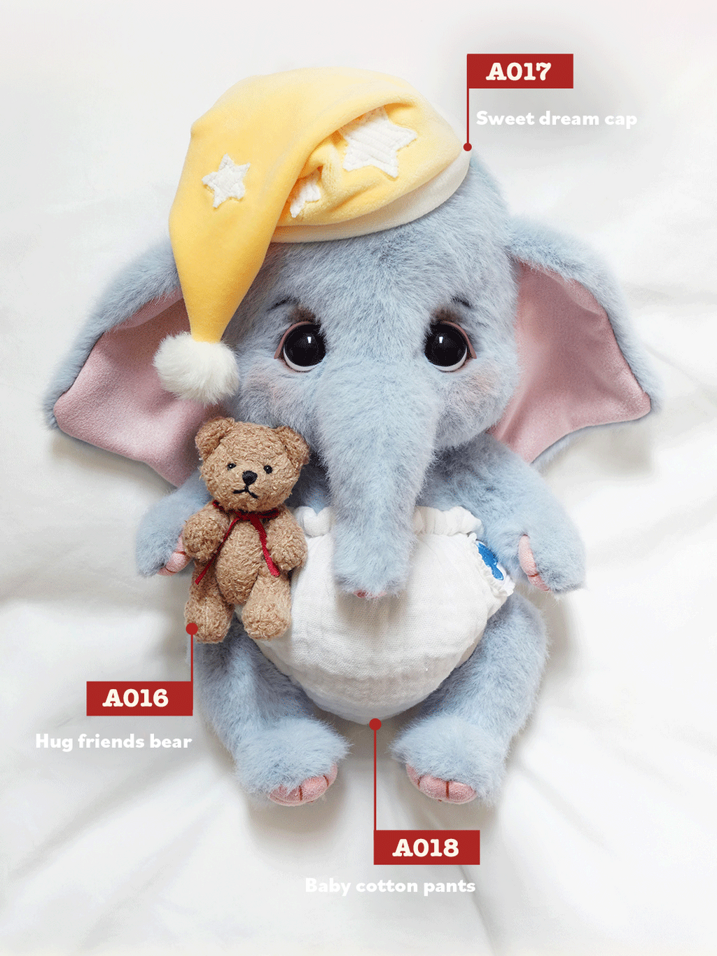 Handmade Soft Elephant Plush Toy with Tiny Bear Companion