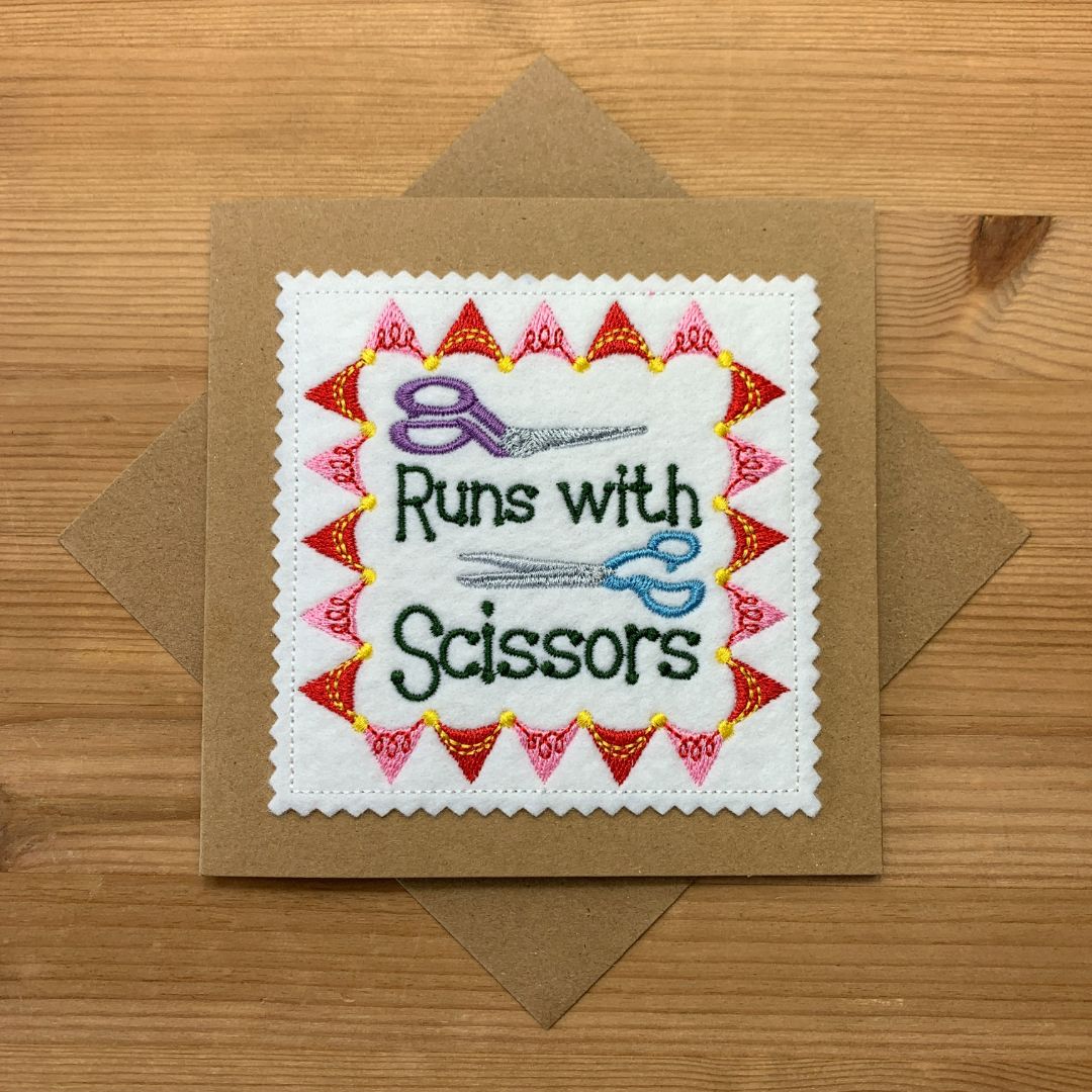 Runs with Scissors Embroidered Card