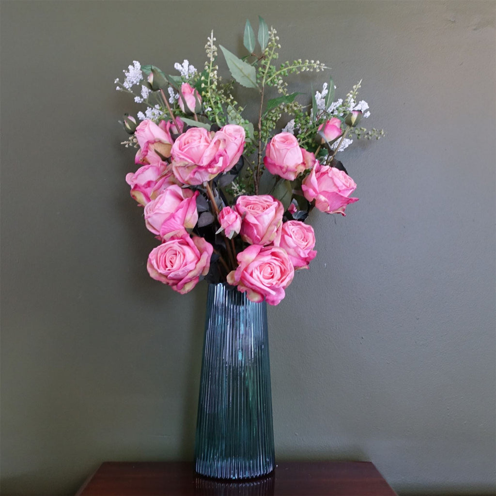 60cm Pink Rose Artificial Flower Display in Glass Vase