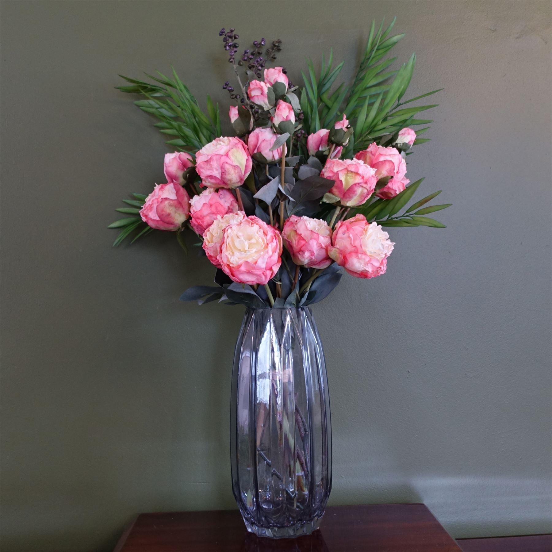 85cm Geometric Glass Vase with Pink Peony and Berry Artificial Flowers