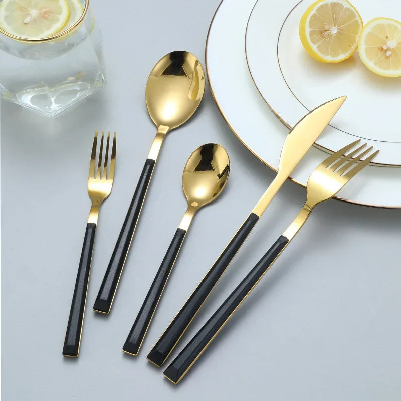 Black Handle Cutlery Set in Silver or Gold