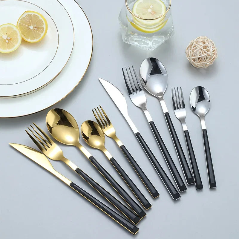 Black Handle Cutlery Set in Silver or Gold