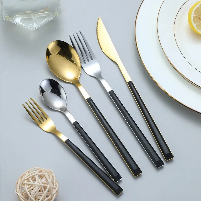 Black Handle Cutlery Set in Silver or Gold