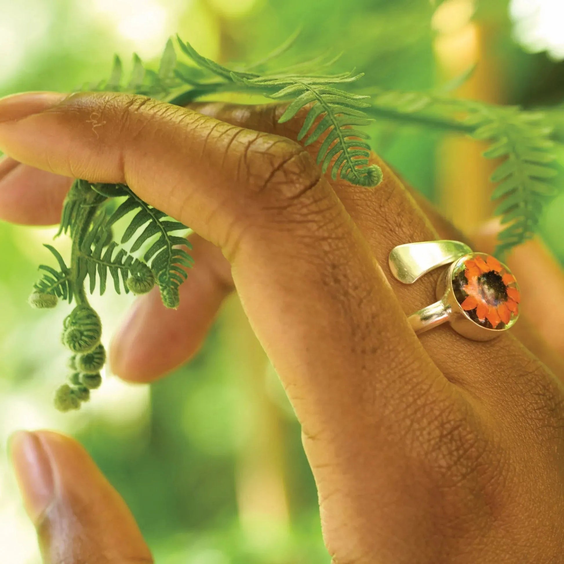 Sterling Silver Adjustable Sunflower Ring with Real Flower