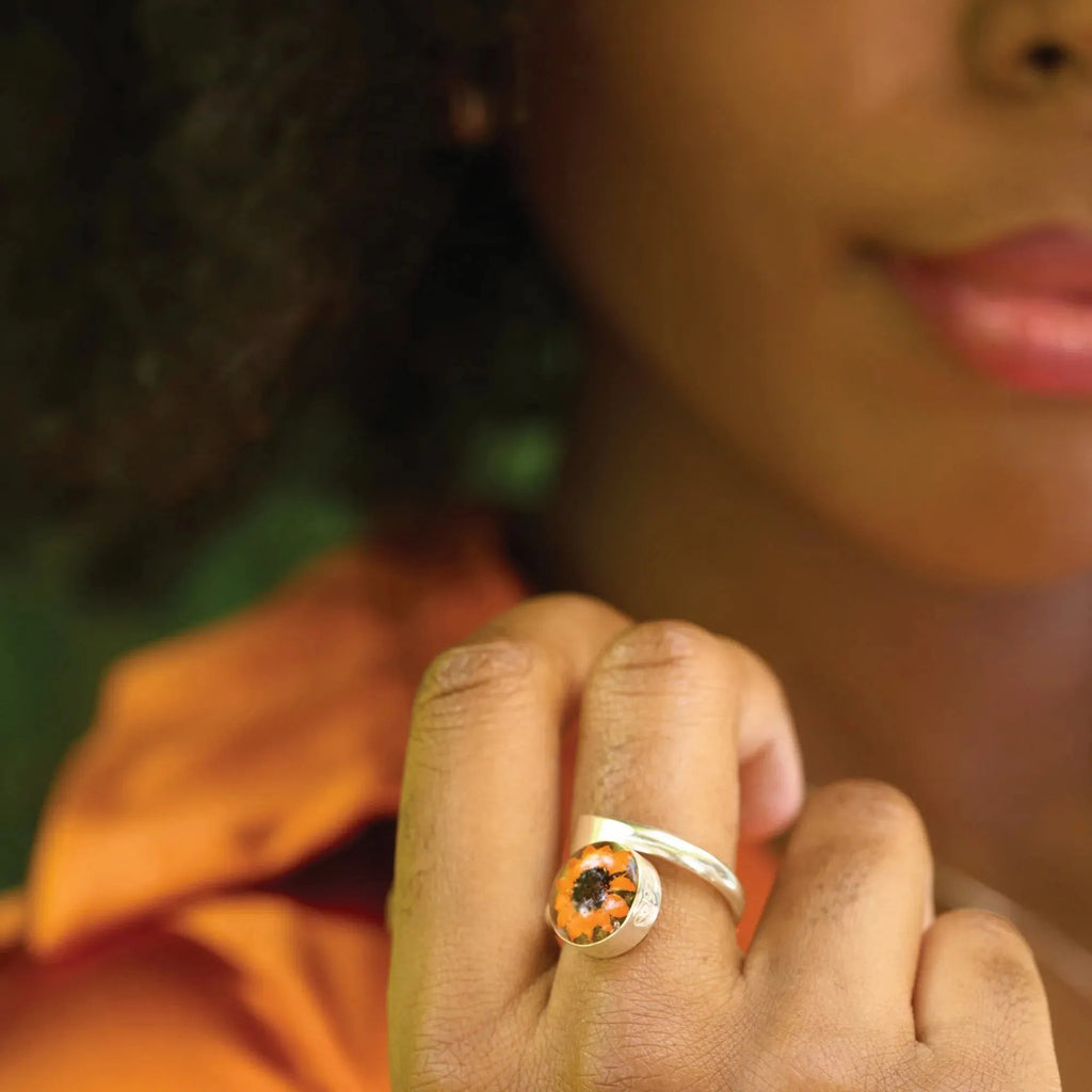 Sterling Silver Adjustable Sunflower Ring with Real Flower