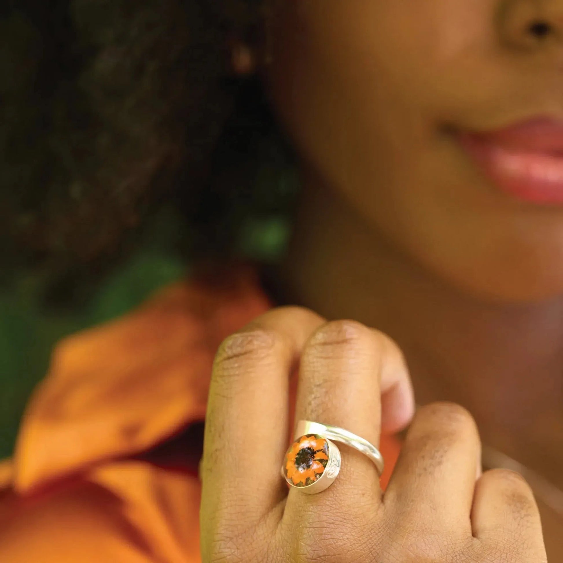 Sterling Silver Adjustable Sunflower Ring with Real Flower