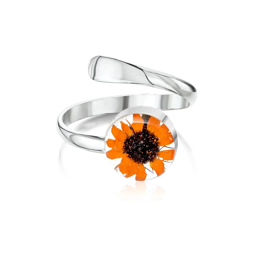 Sterling Silver Adjustable Sunflower Ring with Real Flower