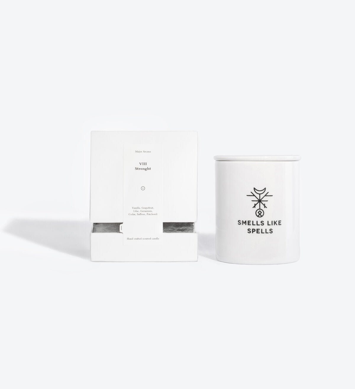 elegant porcelain strength candle with tarot card on marble, grapefruit and vanilla scent