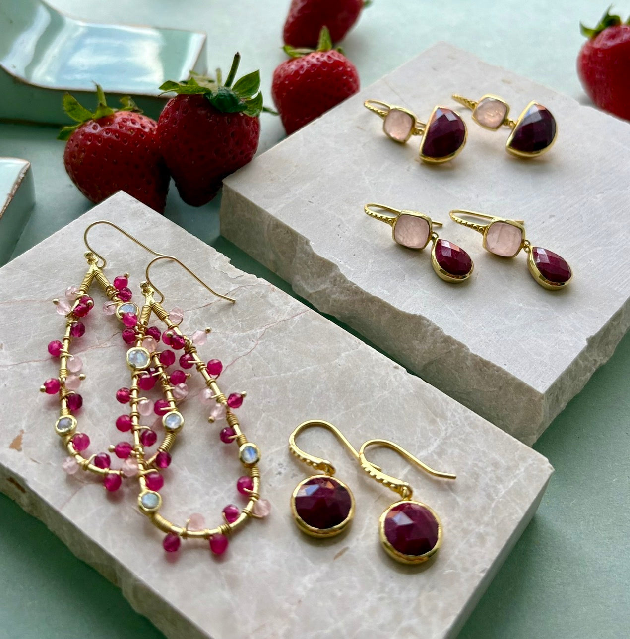 Large Teardrop Wire Wrapped Gemstone Earrings in Moonstone and Rose Quartz
