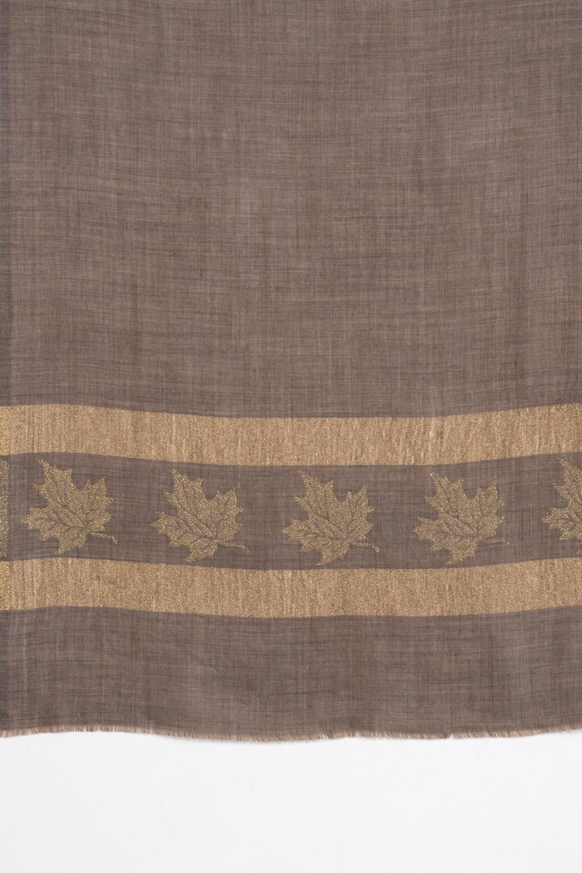 Gold Maple Leaf Border Cashmere Wool Scarf in Beige