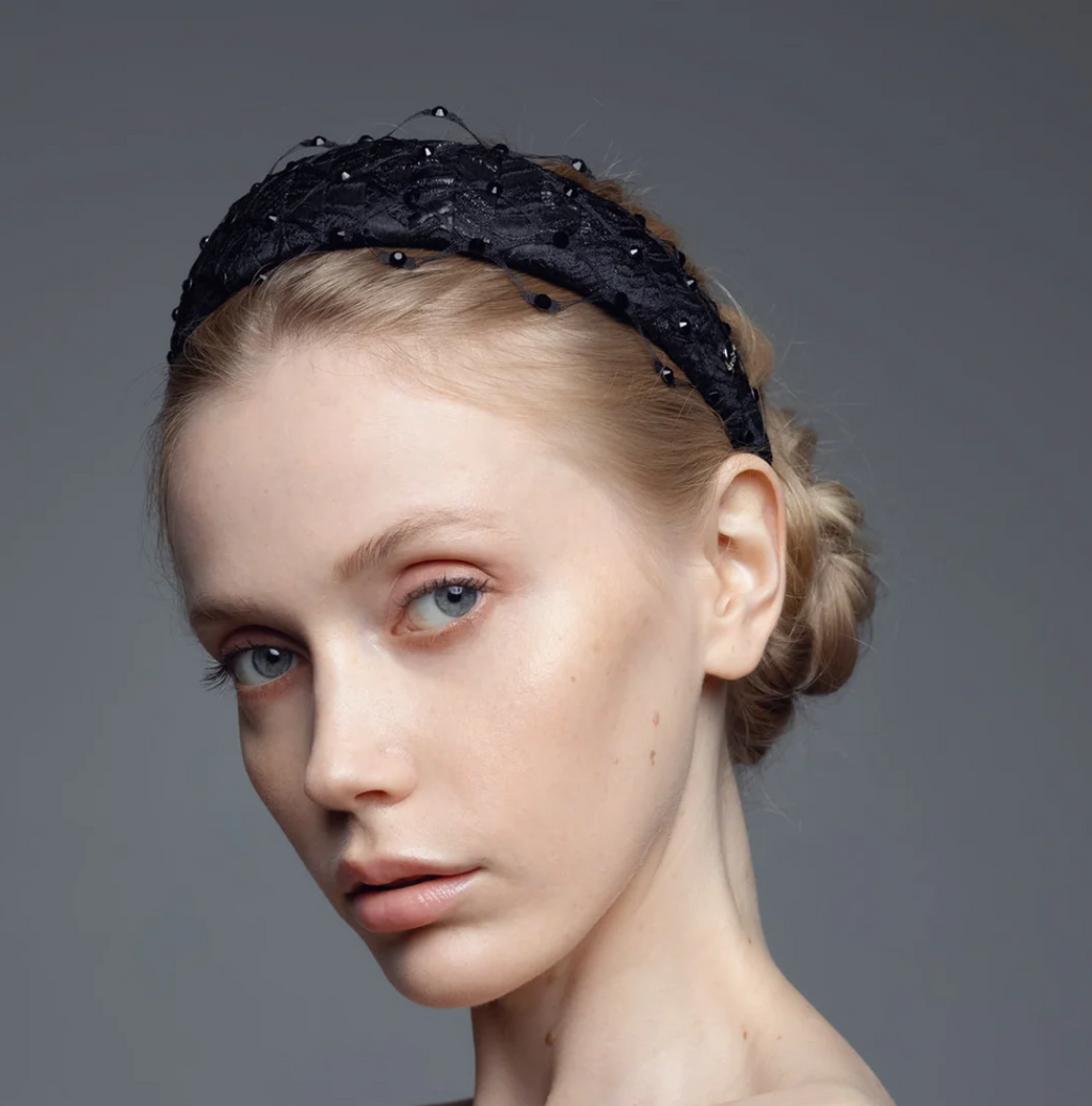 Charlize Headband with Swarovski Crystals & Honeycomb Veil by Eva Oherjus at www.brixbailey.com