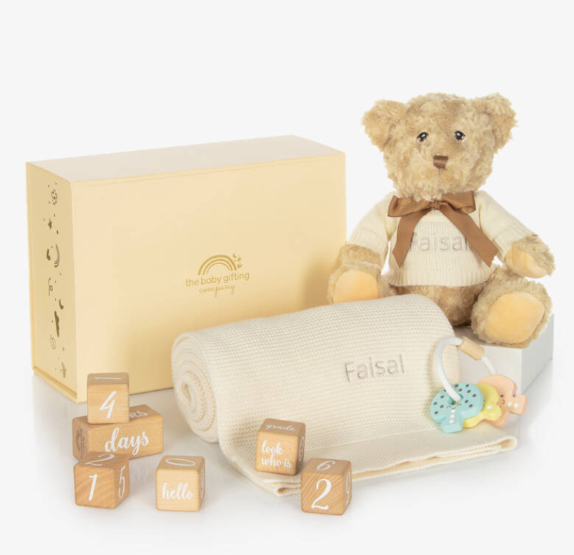Personalised Baby Milestone Gift Set with Blanket, Rattle and Teddy Bear