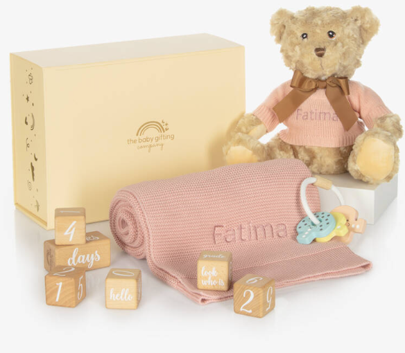 Personalised Baby Milestone Gift Set with Blanket, Rattle and Teddy Bear