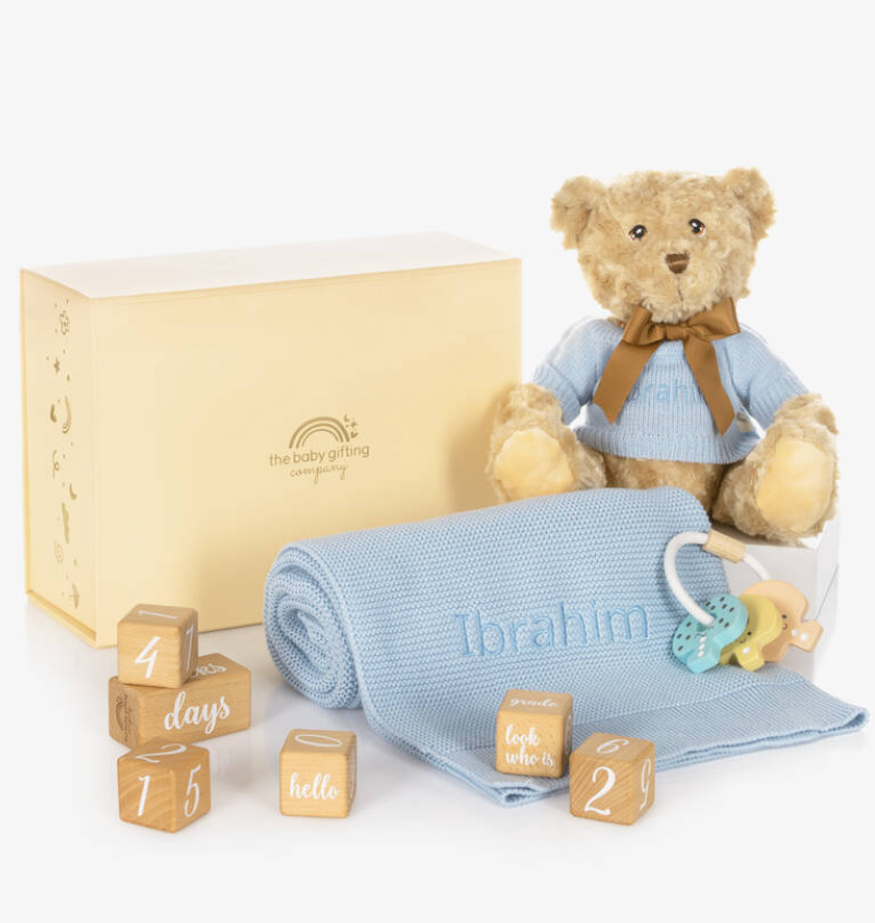 Personalised Baby Milestone Gift Set with Blanket, Rattle and Teddy Bear