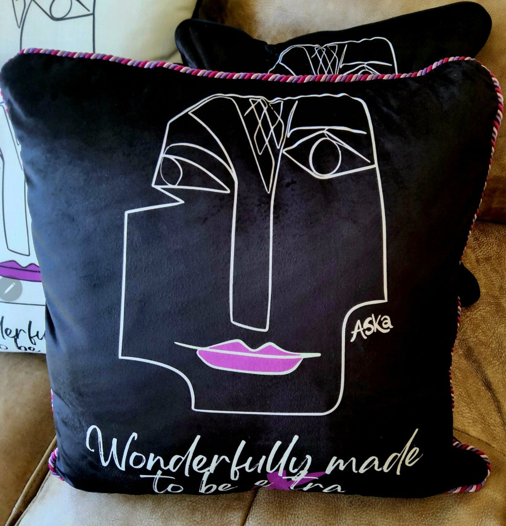 Wonderfully Made to Be Extra Purple Lips Black Velvet Cushion