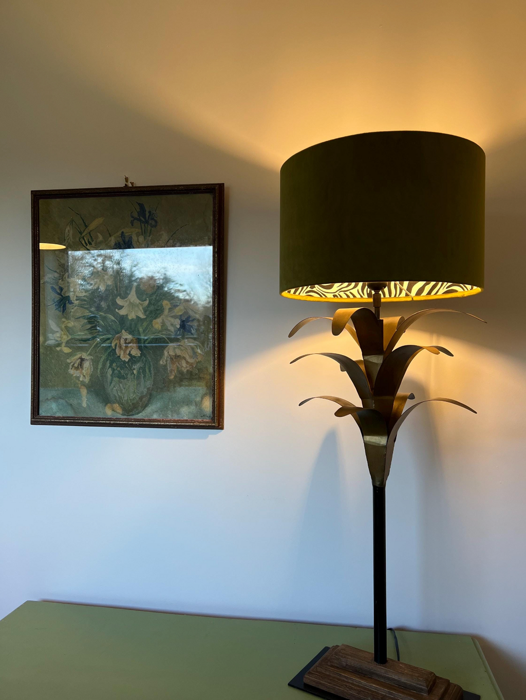 Olive green velvet drum lampshade/ ceiling light shade with zebra print cotton interior