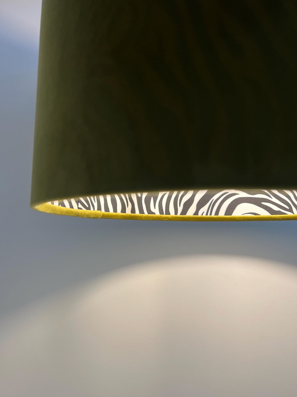Olive green velvet drum lampshade/ ceiling light shade with zebra print cotton interior