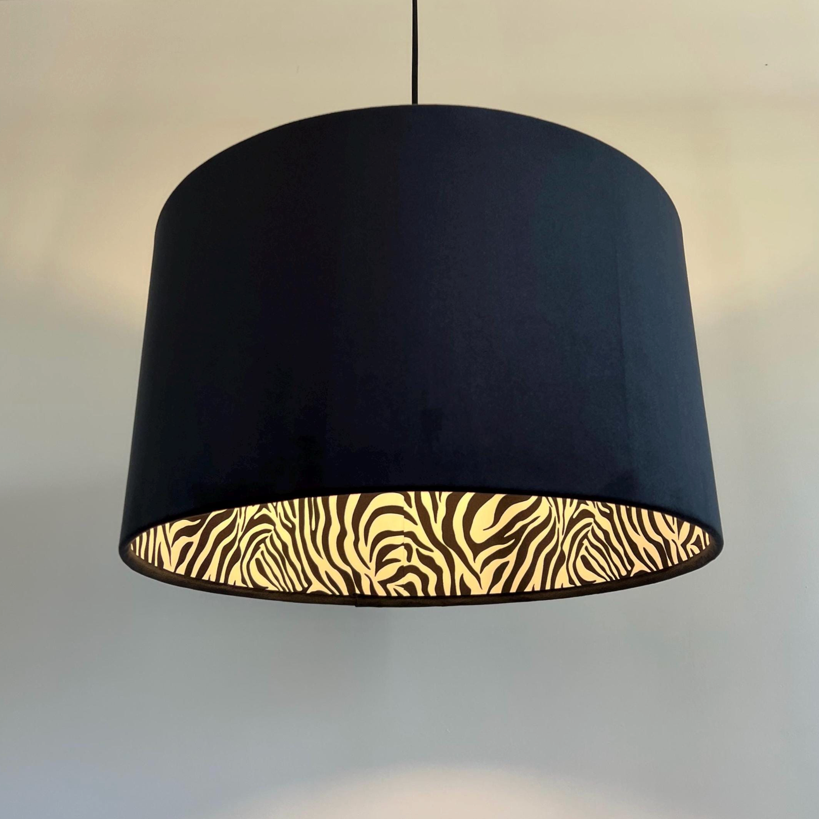 Black velvet drum lampshade/ ceiling light shade with zebra print cotton interior