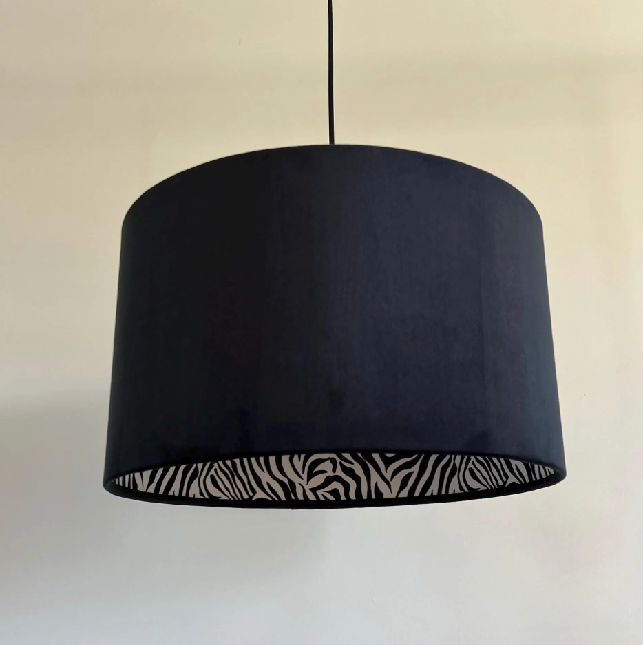 Black velvet drum lampshade/ ceiling light shade with zebra print cotton interior