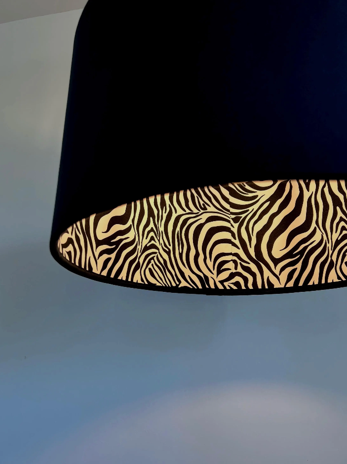 Black velvet drum lampshade/ ceiling light shade with zebra print cotton interior