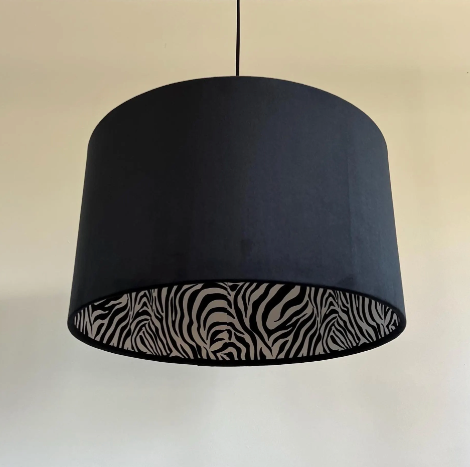 Black velvet drum lampshade/ ceiling light shade with zebra print cotton interior