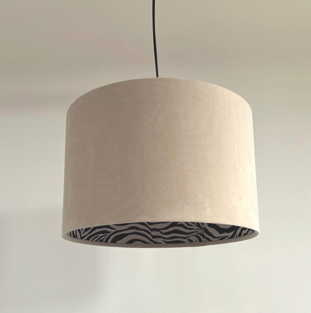 Cream velvet drum lampshade/ ceiling light shade with zebra print cotton interior