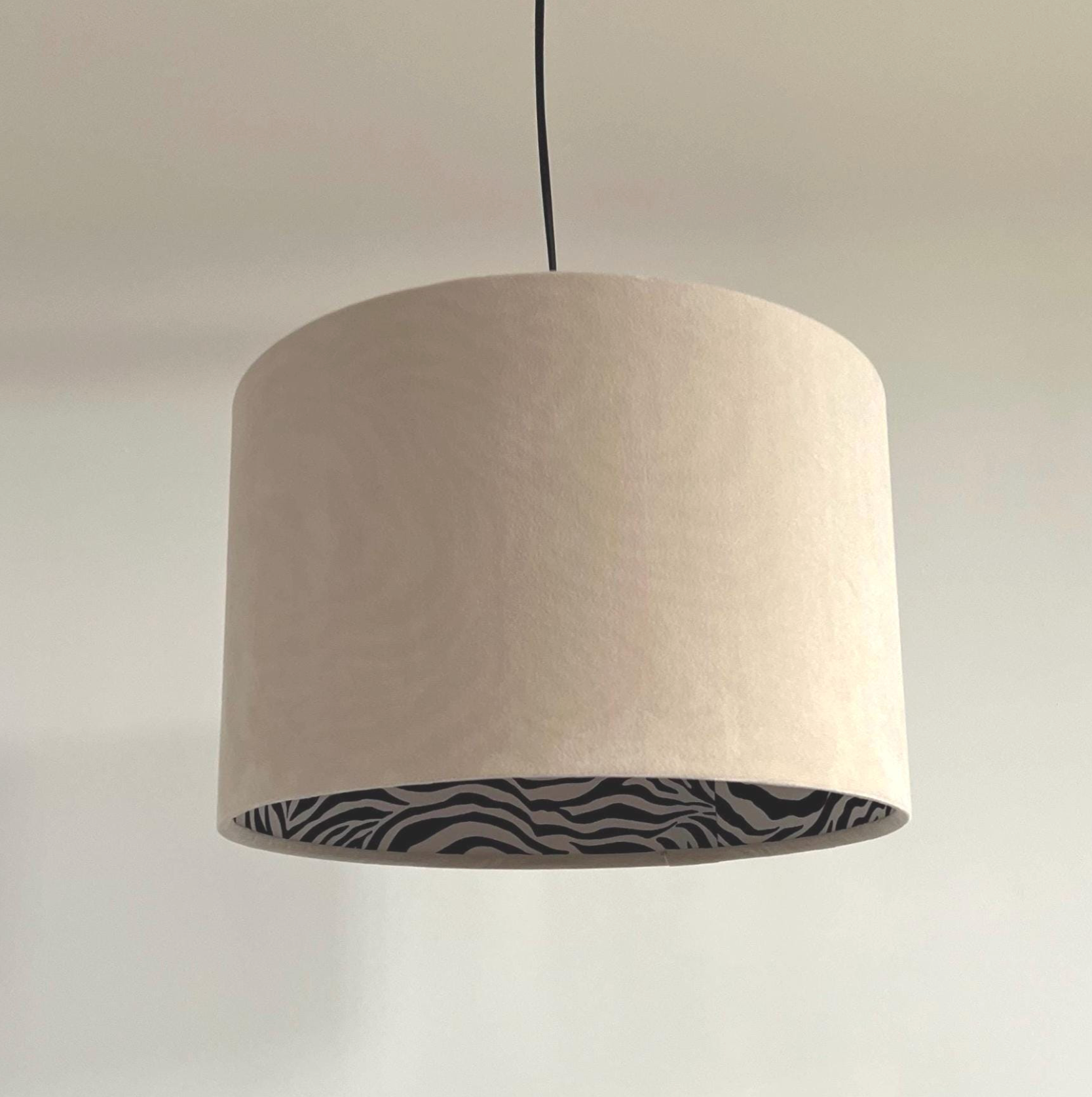 Cream velvet drum lampshade/ ceiling light shade with zebra print cotton interior