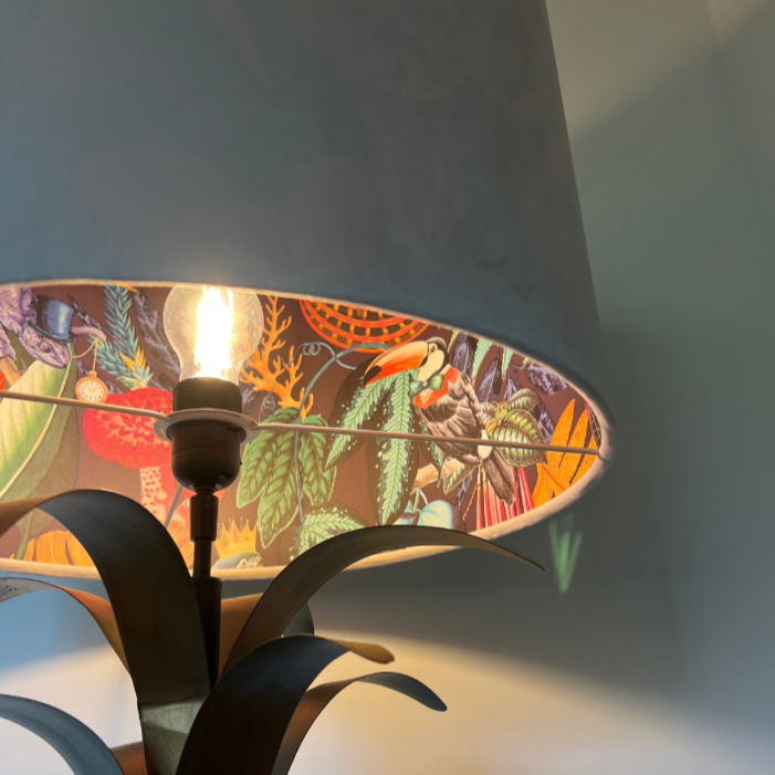 Cream velvet drum lampshade/ ceiling light shade with wonderland paper interior