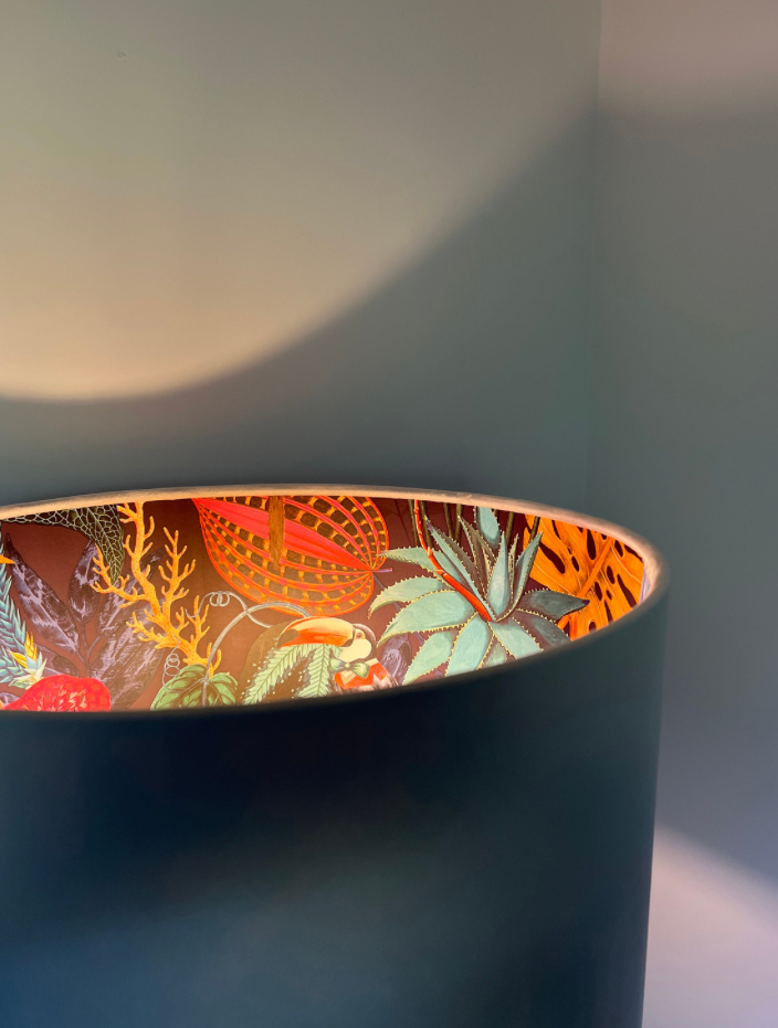 Cream velvet drum lampshade/ ceiling light shade with wonderland paper interior