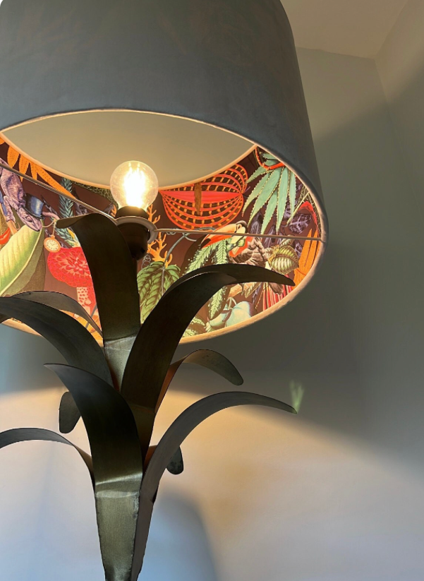 Cream velvet drum lampshade/ ceiling light shade with wonderland paper interior