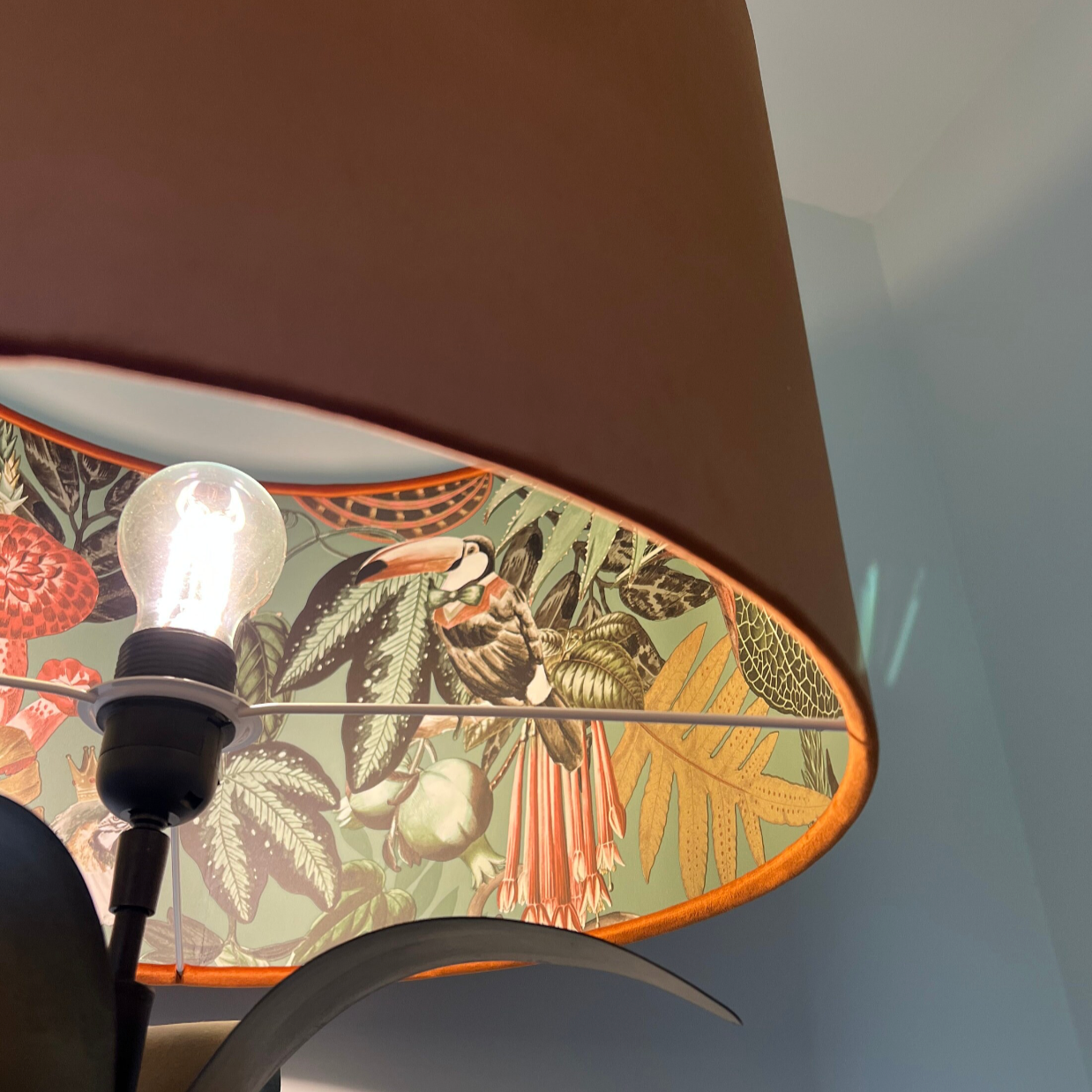 Burnt orange velvet drum lampshade/ ceiling light shade with sage wonderland paper interior