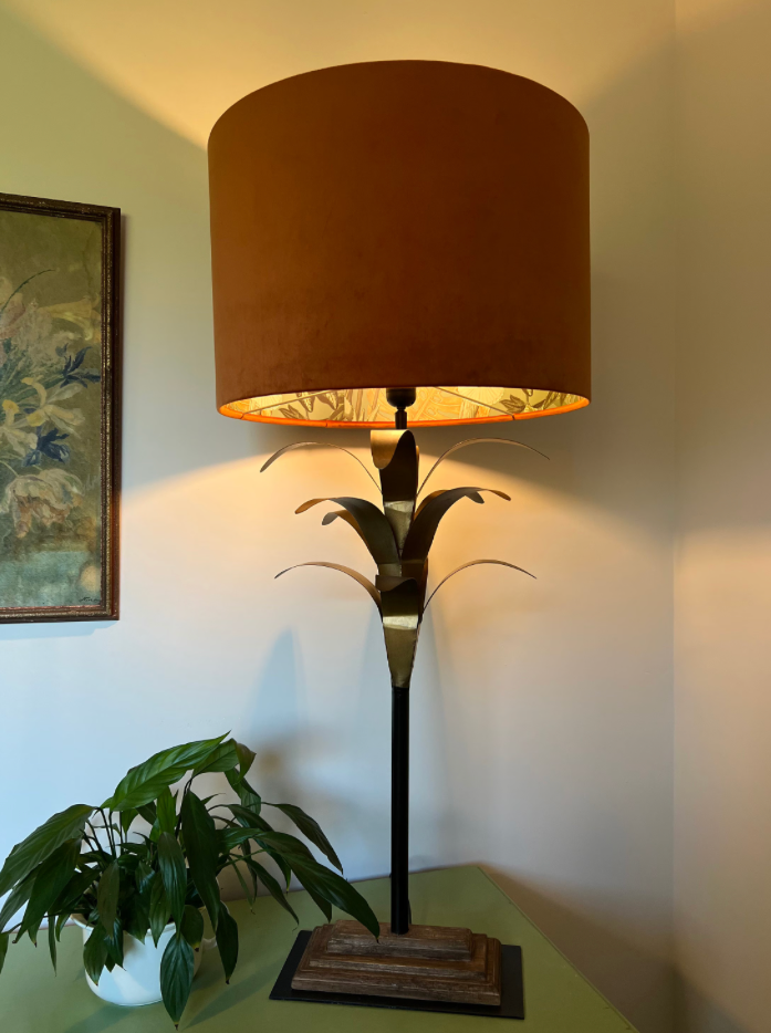 Burnt orange velvet drum lampshade/ ceiling light shade with sage wonderland paper interior