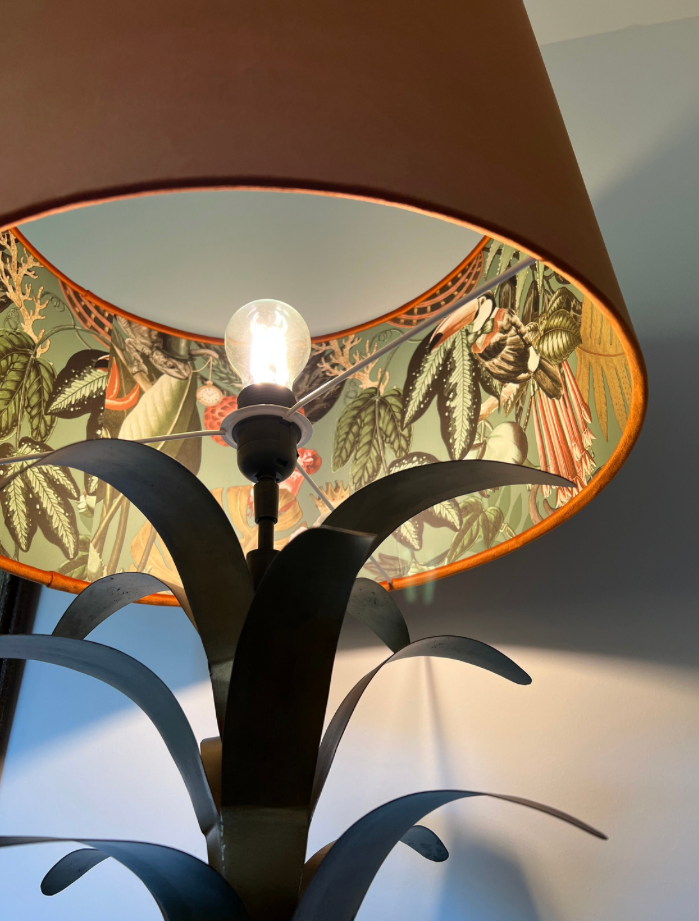 Burnt orange velvet drum lampshade/ ceiling light shade with sage wonderland paper interior