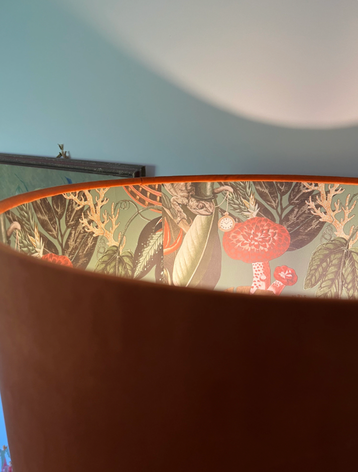 Burnt orange velvet drum lampshade/ ceiling light shade with sage wonderland paper interior