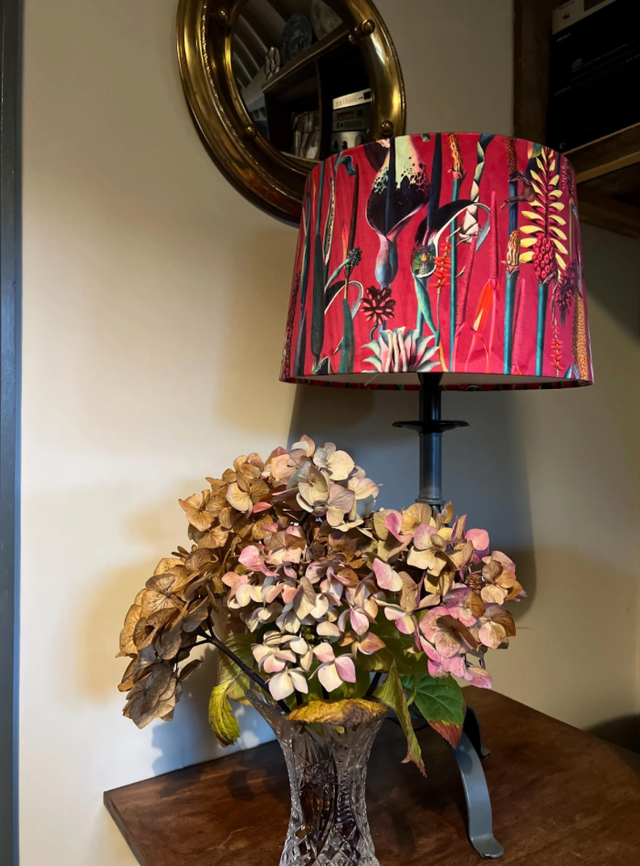 Cerise botanical velvet french drum lampshade/ ceiling light shade, empire lampshade