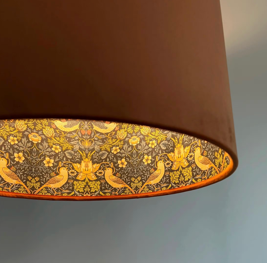 Burnt orange velvet drum lampshade, double sided lampshade, with strawberry thief navy cotton interior