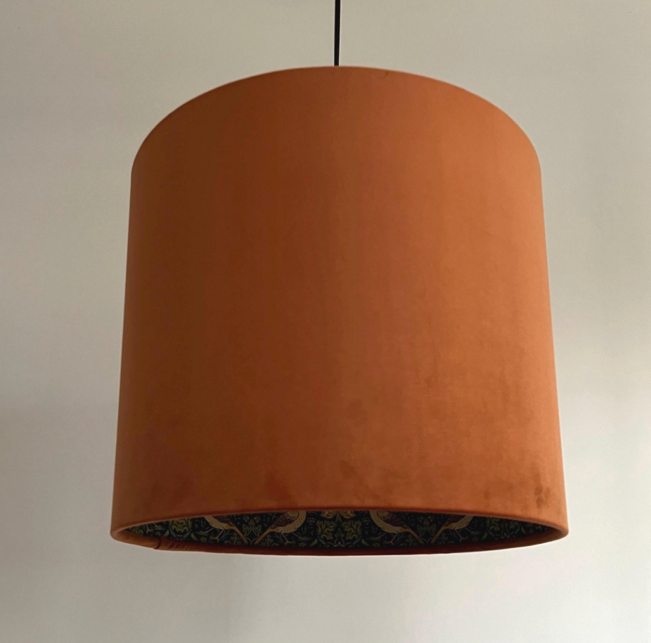 Burnt orange velvet drum lampshade, double sided lampshade, with strawberry thief navy cotton interior