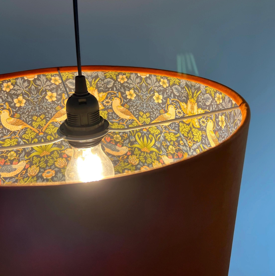 Burnt orange velvet drum lampshade, double sided lampshade, with strawberry thief navy cotton interior