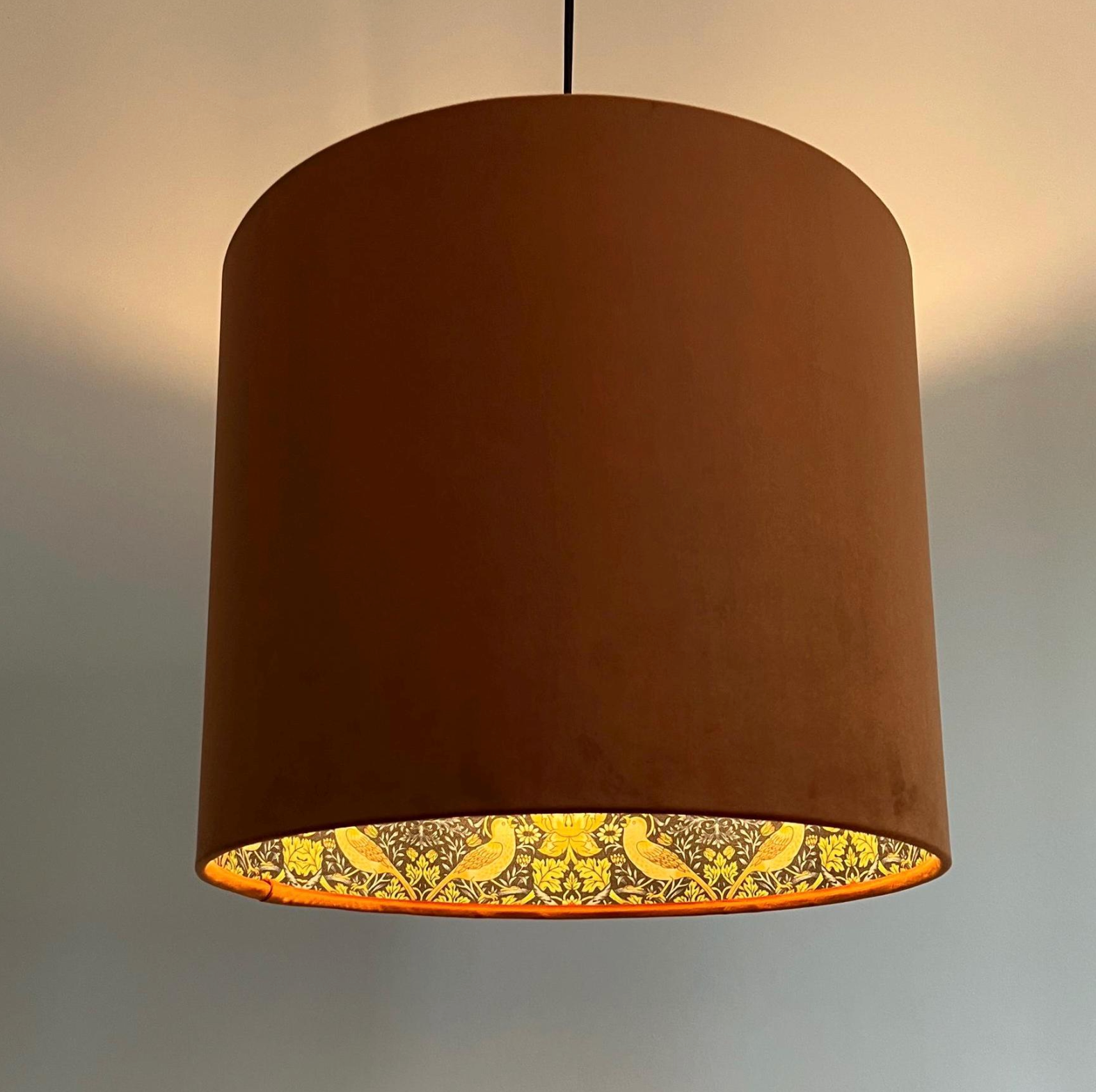 Burnt orange velvet drum lampshade, double sided lampshade, with strawberry thief navy cotton interior